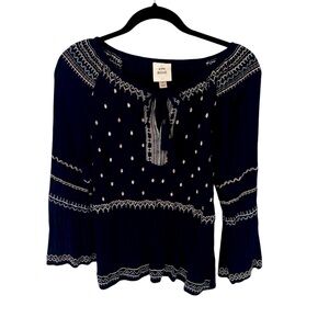 Knox Rose Dark BOHO Blue Blouse with White Embroidery